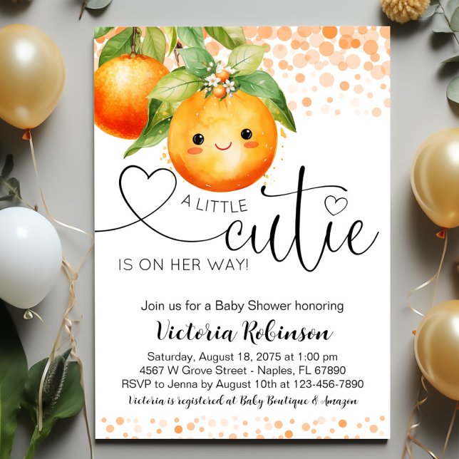 Little Cutie Orange Citrus Baby Shower Invitation (Sweet little cutie baby shower invitation with adorable face. Easily customize for your event.)