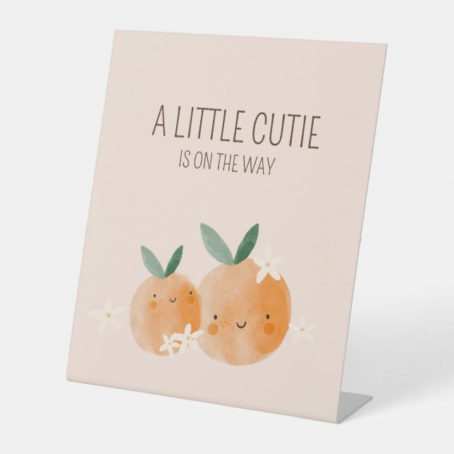 Little Cutie Orange Citrus Botanical Baby Shower Pedestal Sign (Front)