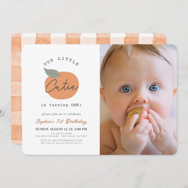 Little Cutie Orange Clean 1st Birthday Photo Invitation (Front/Back)