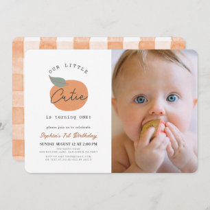 Little Cutie Orange Clean 1st Birthday Photo Invitation