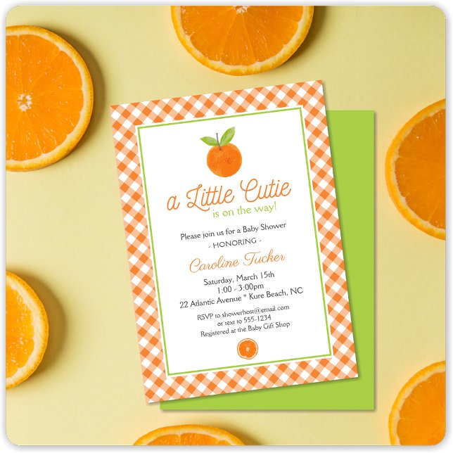 Little Cutie Orange Clementine Gingham Baby Shower Invitation (Creator Uploaded)