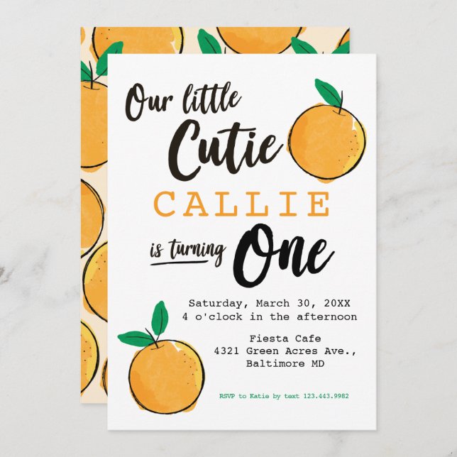 Little Cutie Orange First Birthday Invitation (Front/Back)