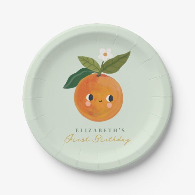 Little Cutie Orange First Birthday Paper Plate (Front)