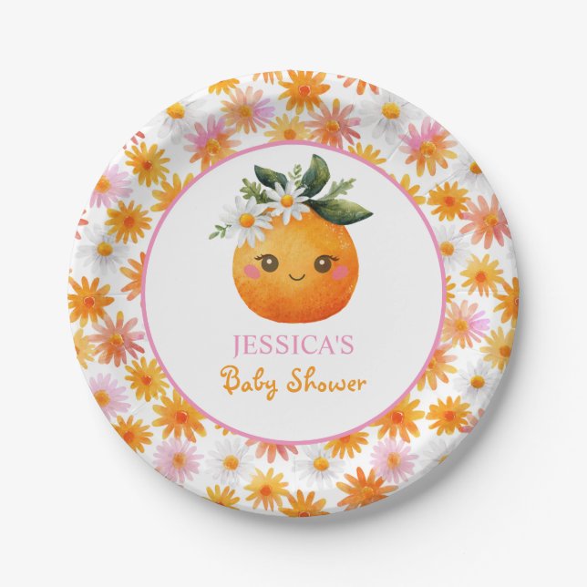 Little Cutie Orange Fruit with Daisies Baby Shower Paper Plate (Front)