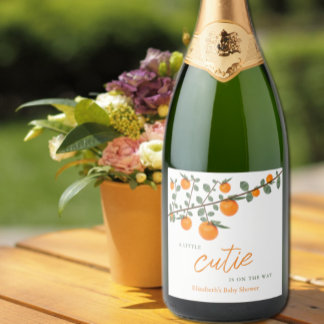 Little Cutie Orange Gender Neutral Baby Shower Sparkling Wine Label