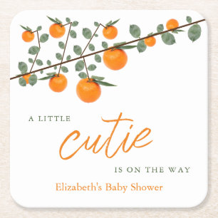 Little Cutie Orange Gender Neutral Baby Shower Square Paper Coaster