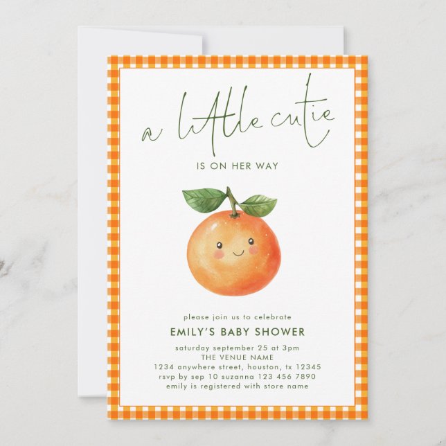 Little Cutie Orange Gingham Girl Baby Shower  Invitation (Front)