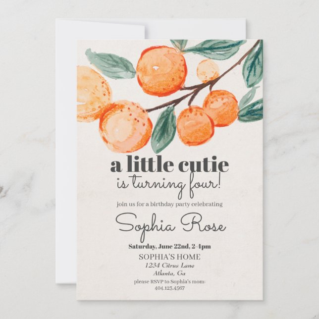 Little cutie orange girl birthday invite (Front)