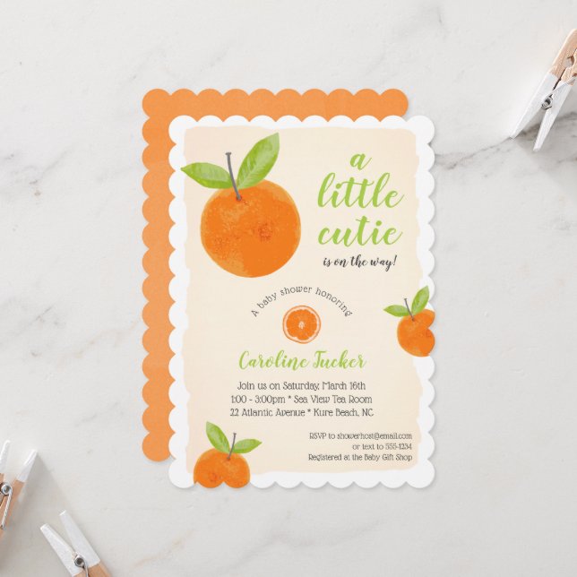 Little Cutie Orange Green Watercolor Baby Shower Invitation (Front/Back In Situ)