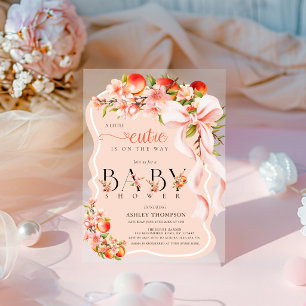 Little Cutie Peach Floral Bow Acrylic Baby Shower Invitations