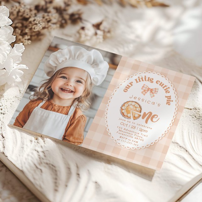 Little Cutie Pie 1st Birthday gingham photo Invitation (Creator Uploaded)