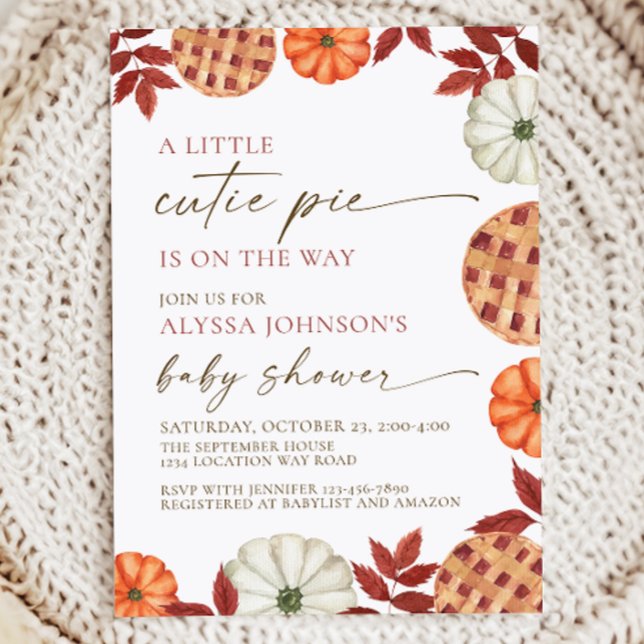 Little Cutie Pie Baby Shower Invitation (Fall baby shower invitation reads "a little cutie pie is on the way," featuring watercolor fall art)