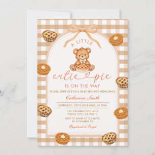 Little Cutie Pie Bear Gingham Bow Baby Shower Invitation