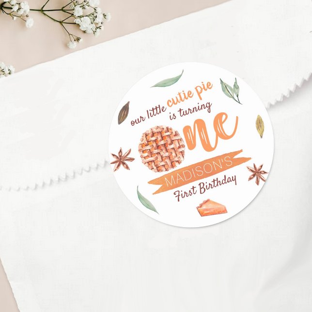 Little Cutie Pie Fall 1st Birthday Classic Round Sticker (Creator Uploaded)