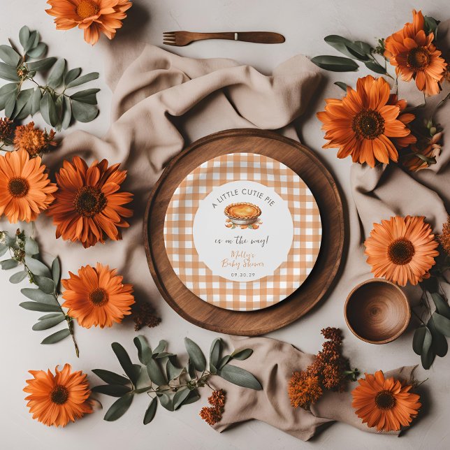 Little Cutie Pie Fall Pumpkin Gingham Baby Shower  Paper Plate (Little Cutie Pie Baby Shower Paper Plate  )