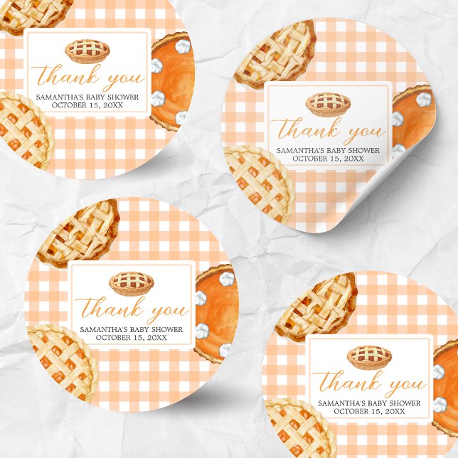 Little Cutie Pie Gingham Baby Shower Classic Round Sticker (Gingham Little Cutie Pie Baby Shower Sticker)