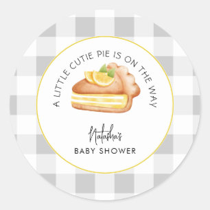 Little Cutie Pie Grey Gingham Plaid Baby Shower Classic Round Sticker