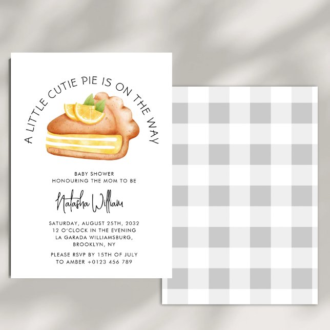 Little Cutie Pie Grey Gingham Plaid Baby Shower Invitation (Creator Uploaded)