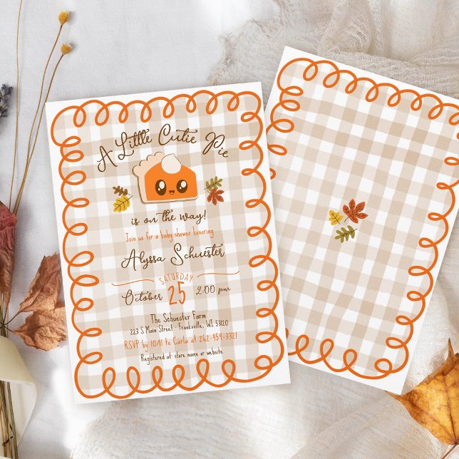 Little Cutie Pie Hand Drawn Fall Baby Shower Invitation (Hand drawn scribble doodle whimsical Little Cutie Pie gingham modern Fall baby shower invitation)