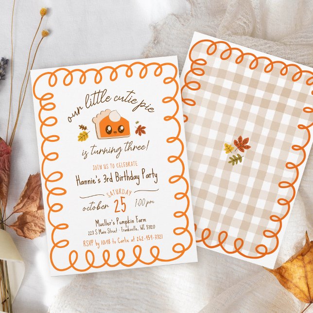 Little Cutie Pie Hand Drawn Fall Birthday Party Invitation (Cute Little Cutie Pie pumpkin spice season Fall leaves hand drawn gingham birthday party invitation )