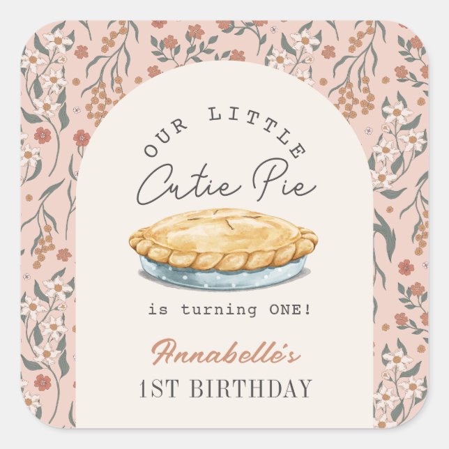 Little Cutie Pie Pink Floral Girl 1st Birthday Square Sticker (Front)
