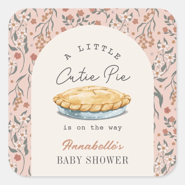 Little Cutie Pie Pink Floral Girl Baby Shower Square Sticker (Front)
