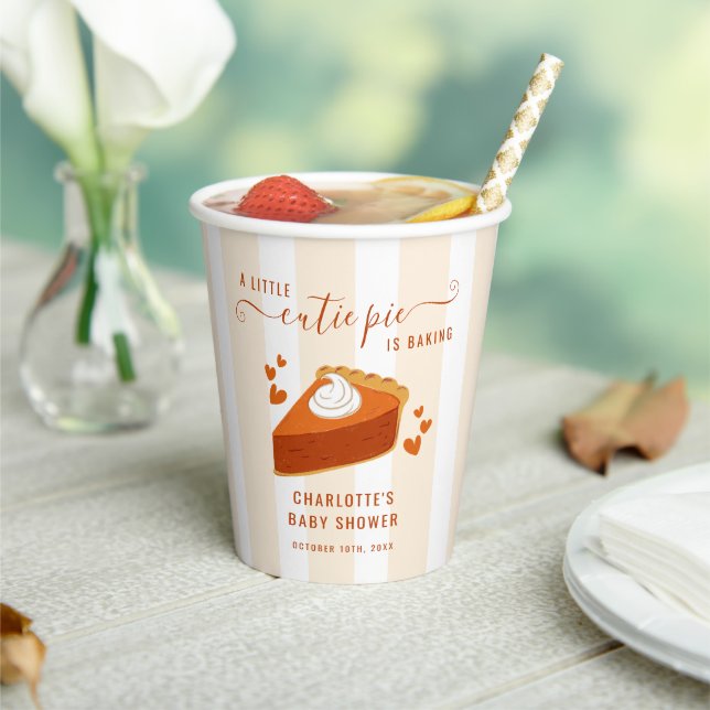 Little Cutie Pie Pumpkin Fall Stripes Baby Shower Paper Cups (Insitu)