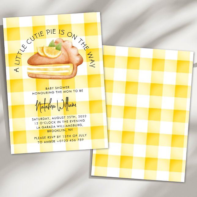 Little Cutie Pie Yellow Gingham Plaid Baby Shower Invitation (Creator Uploaded)