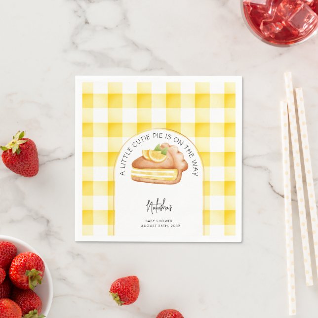 Little Cutie Pie Yellow Gingham Plaid Baby Shower Napkin (Insitu)