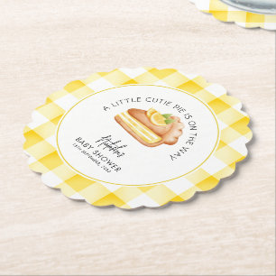 Little Cutie Pie Yellow Gingham Plaid Baby Shower Paper Coaster