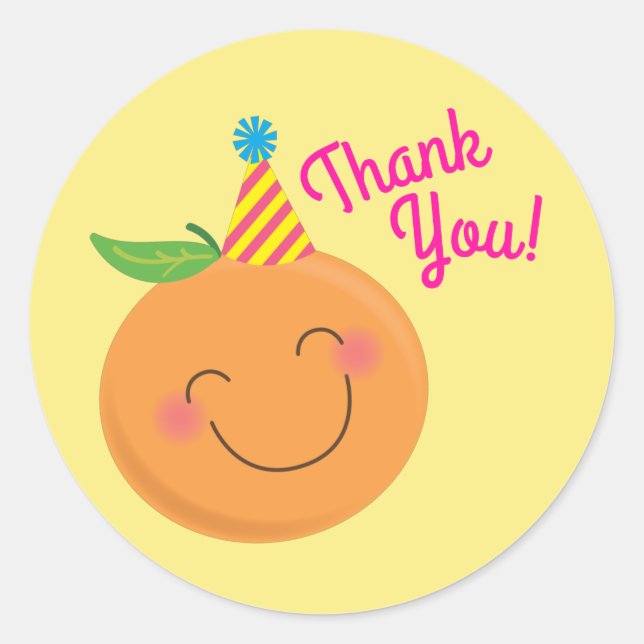 Little Cutie Tangerine Birthday Party Thank You Classic Round Sticker (Front)