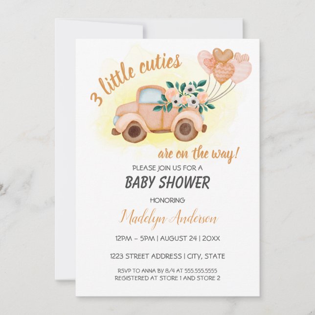 Little Cuties Vintage Truck Triplets Baby Shower Invitation (Front)