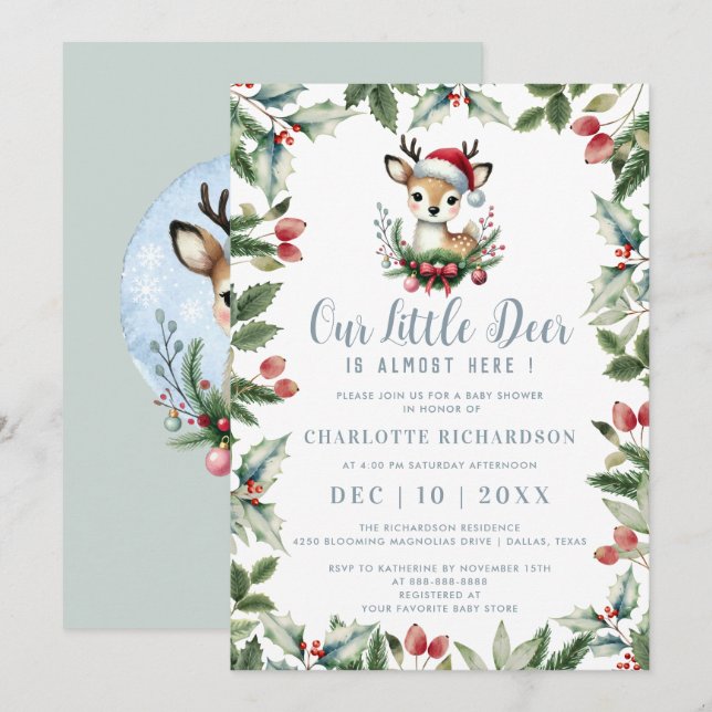 Little Deer Baby Shower Cute Winter Christmas Boy Invitation (Front/Back)
