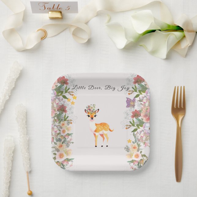 Little deer, Big Joy Pink flower Baby Shower theme Paper Plate (Wedding)
