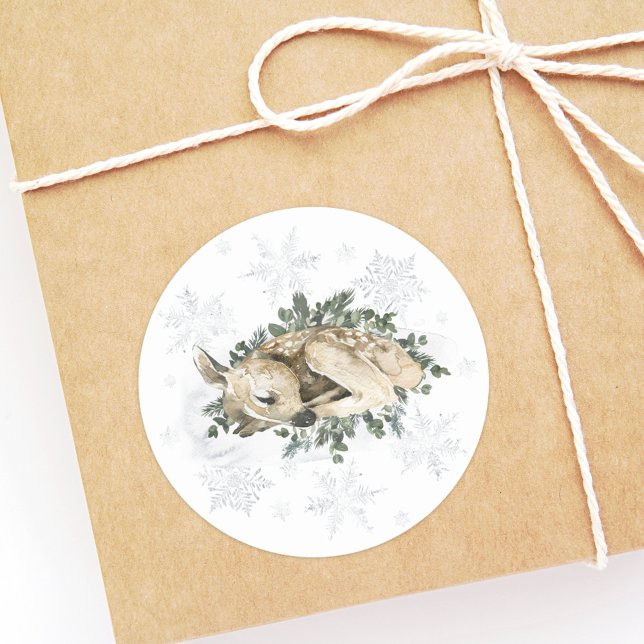 Little Deer Blue Green Winter Baby Shower Classic Round Sticker (Creator Uploaded)