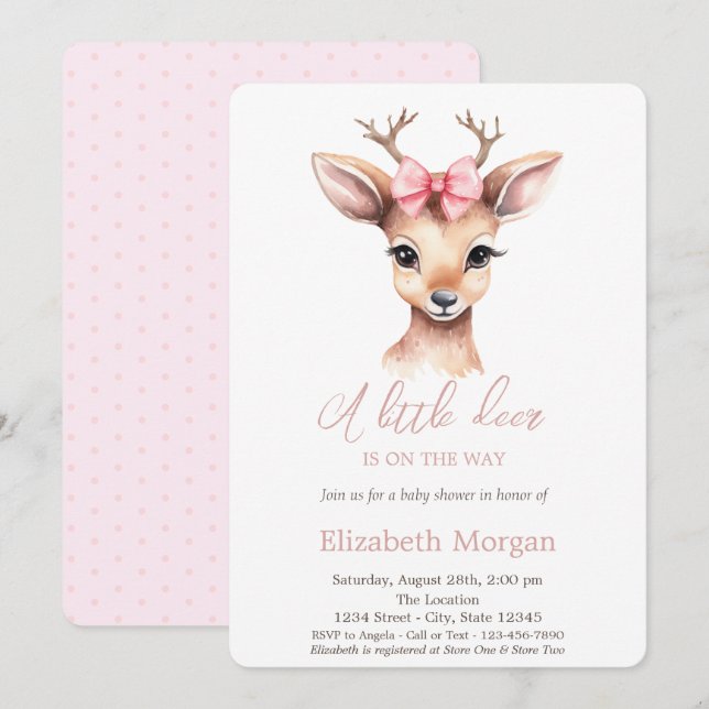 Little Deer Bow Polka Dots Watercolor Baby Shower Invitation (Front/Back)