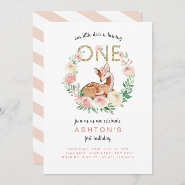 Little Deer first birthday party invitation (Front/Back)
