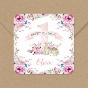 Little Deer First Birthday Party Personalised Square Sticker