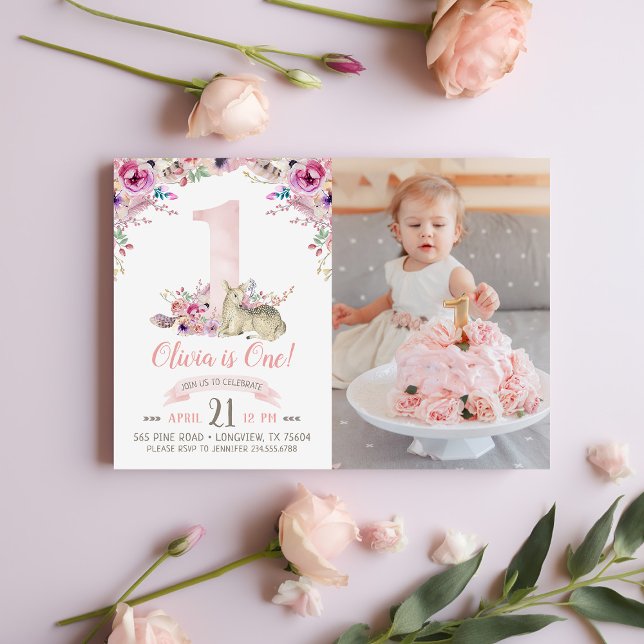 Little Deer First Birthday Party Photo Invitation (Creator Uploaded)