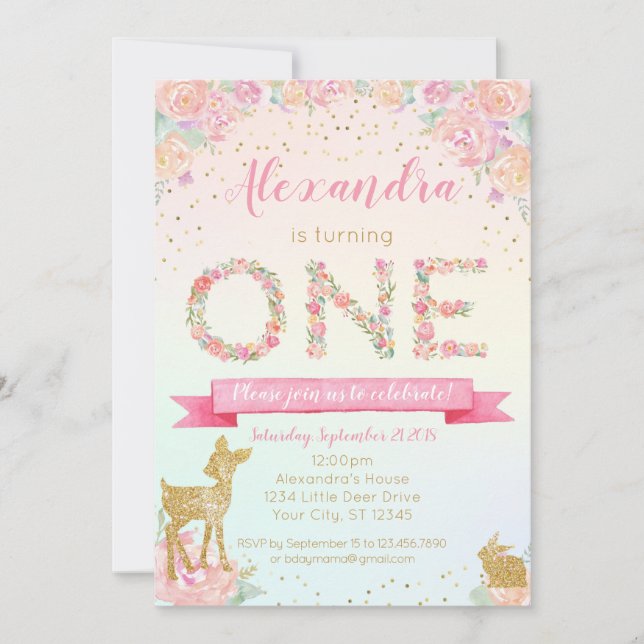 Little Deer Floral First Birthday Invitation (Front)