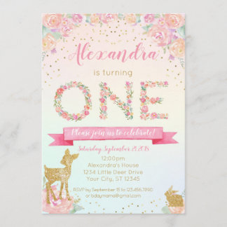 Little Deer Floral First Birthday Invitation