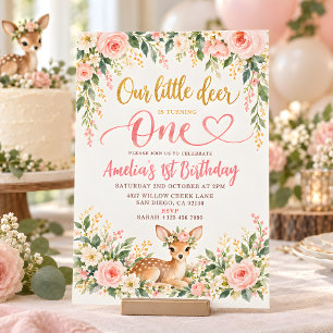 Little Deer Pink Floral 1st Birthday Invitation