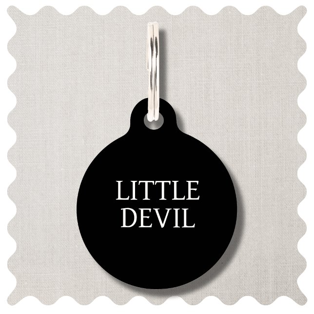 Little Devil Funny Black Dog Round Pet Tag (Funny Little Devil Dog ID Tag. Modern Black  Simple Style)