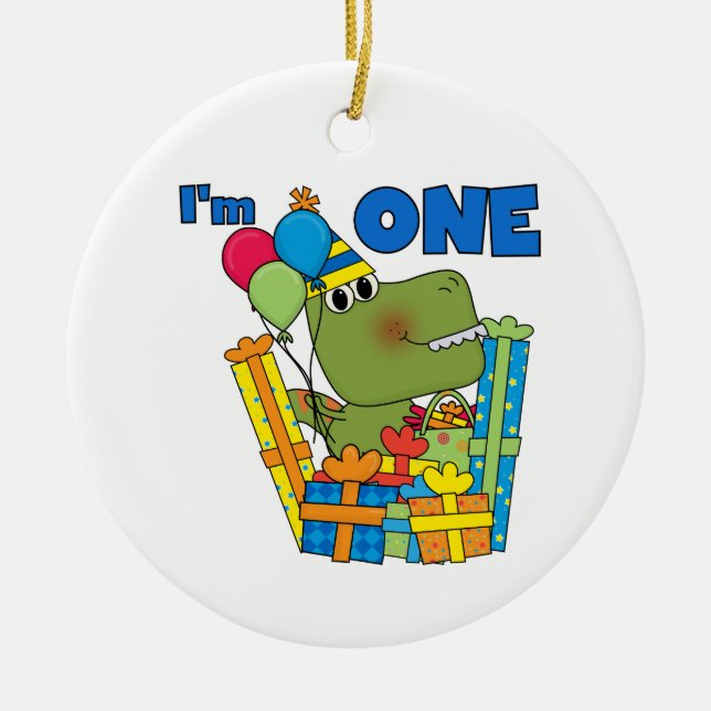 Little Dino 1st Birthday T shirts and Gifts Ceramic Tree Decoration (Front)