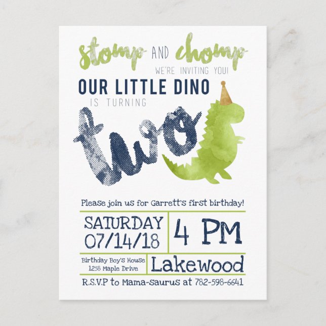 Little Dino 2nd Birthday Dinosaur theme Boy Navy Postcard (Front)
