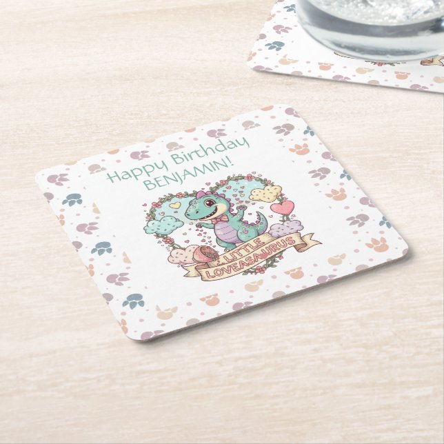 Little Dino Birthday Personalized Square Paper Coaster (Angled)