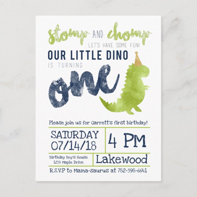 Little Dino First Birthday Dinosaur theme Boy Navy Postcard (Front)