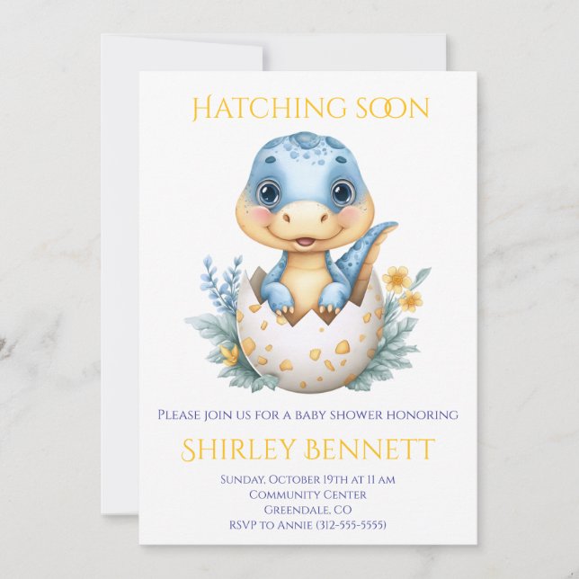 Little Dino on the Way: Hatching Dinosaur Baby Invitation (Front)