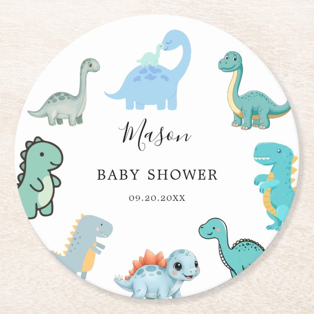 Little Dinosaur Cute Baby Shower Round Paper Coaster (Front)