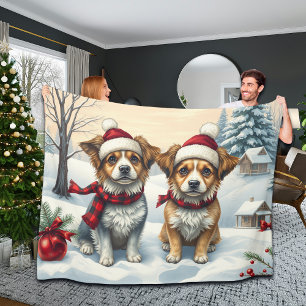 Little Dogs in Preppy Winter Attire and Hat Winter Fleece Blanket
